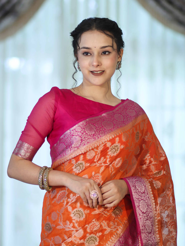 Banarasee Handwoven Georgette Saree With Meena Jaal Work & Contrast Border-Orange & Pink