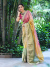 Banarasee Tissue Hand Embroidered Mirror Work Saree With Ghungroo Work & Embroidered Pallu-Multicolor