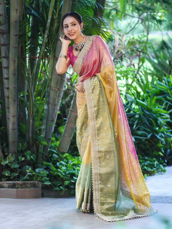 Banarasee Tissue Hand Embroidered Mirror Work Saree With Ghungroo Work & Embroidered Pallu-Multicolor