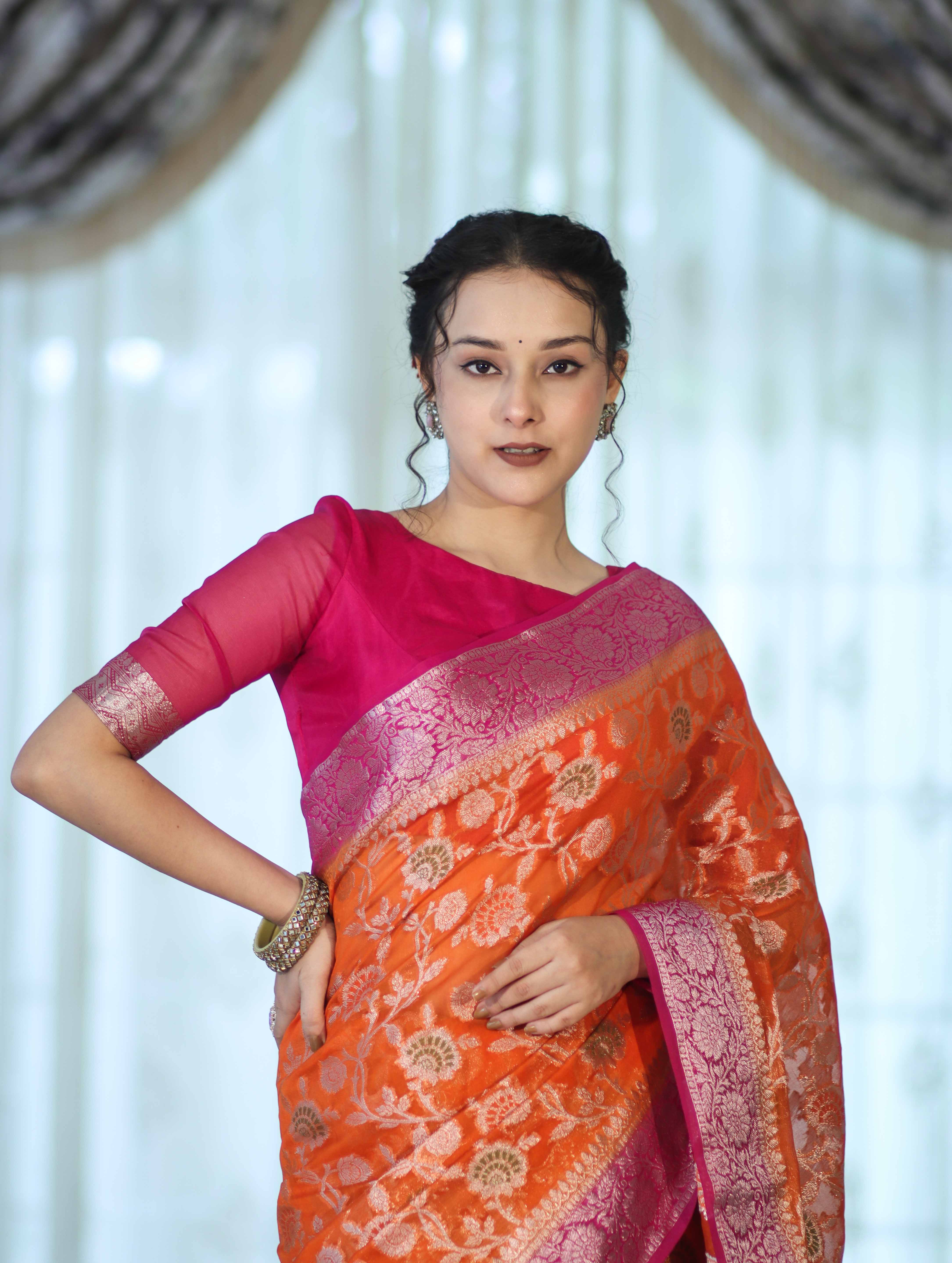 Banarasee Handwoven Georgette Saree With Meena Jaal Work & Contrast Border-Orange & Pink