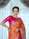 Banarasee Handwoven Georgette Saree With Meena Jaal Work & Contrast Border-Orange & Pink