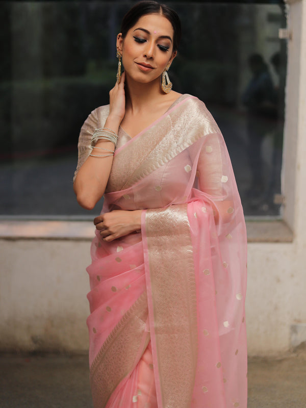 Banarasee Organza Mix Saree With Silver Zari Buta & Border-Pink