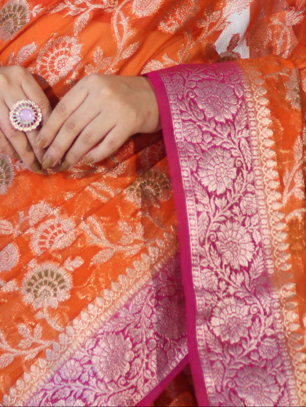 Banarasee Handwoven Georgette Saree With Meena Jaal Work & Contrast Border-Orange & Pink