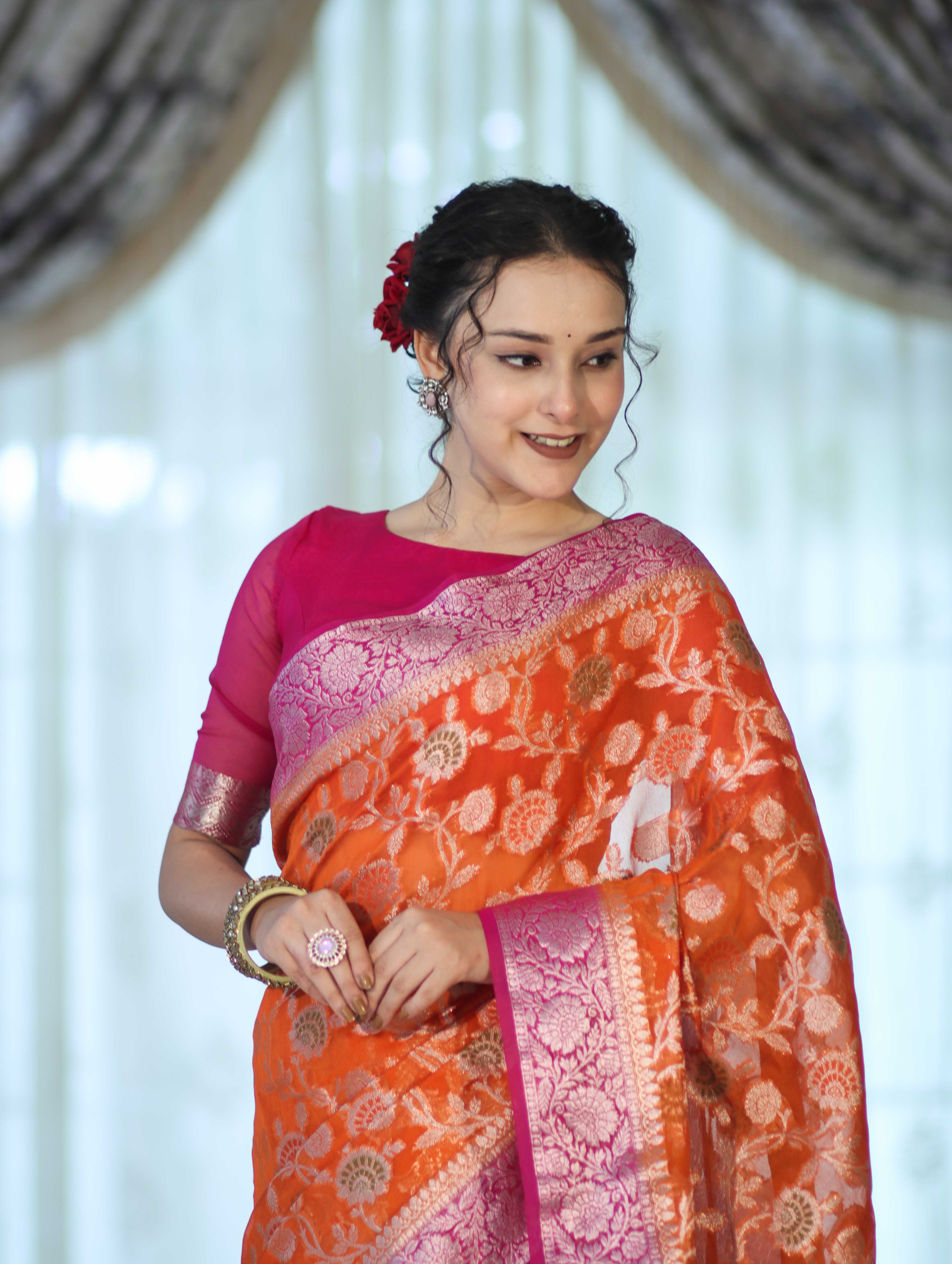 Banarasee Handwoven Georgette Saree With Meena Jaal Work & Contrast Border-Orange & Pink