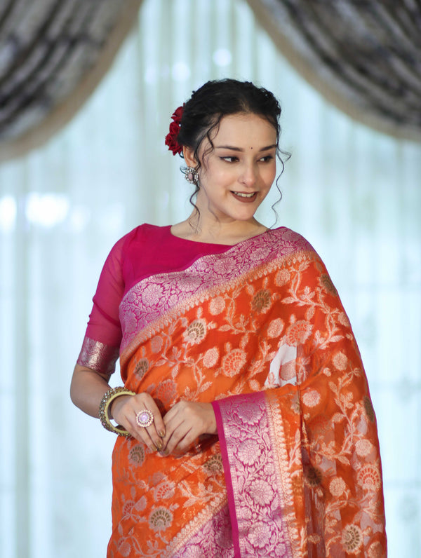 Banarasee Handwoven Georgette Saree With Meena Jaal Work & Contrast Border-Orange & Pink