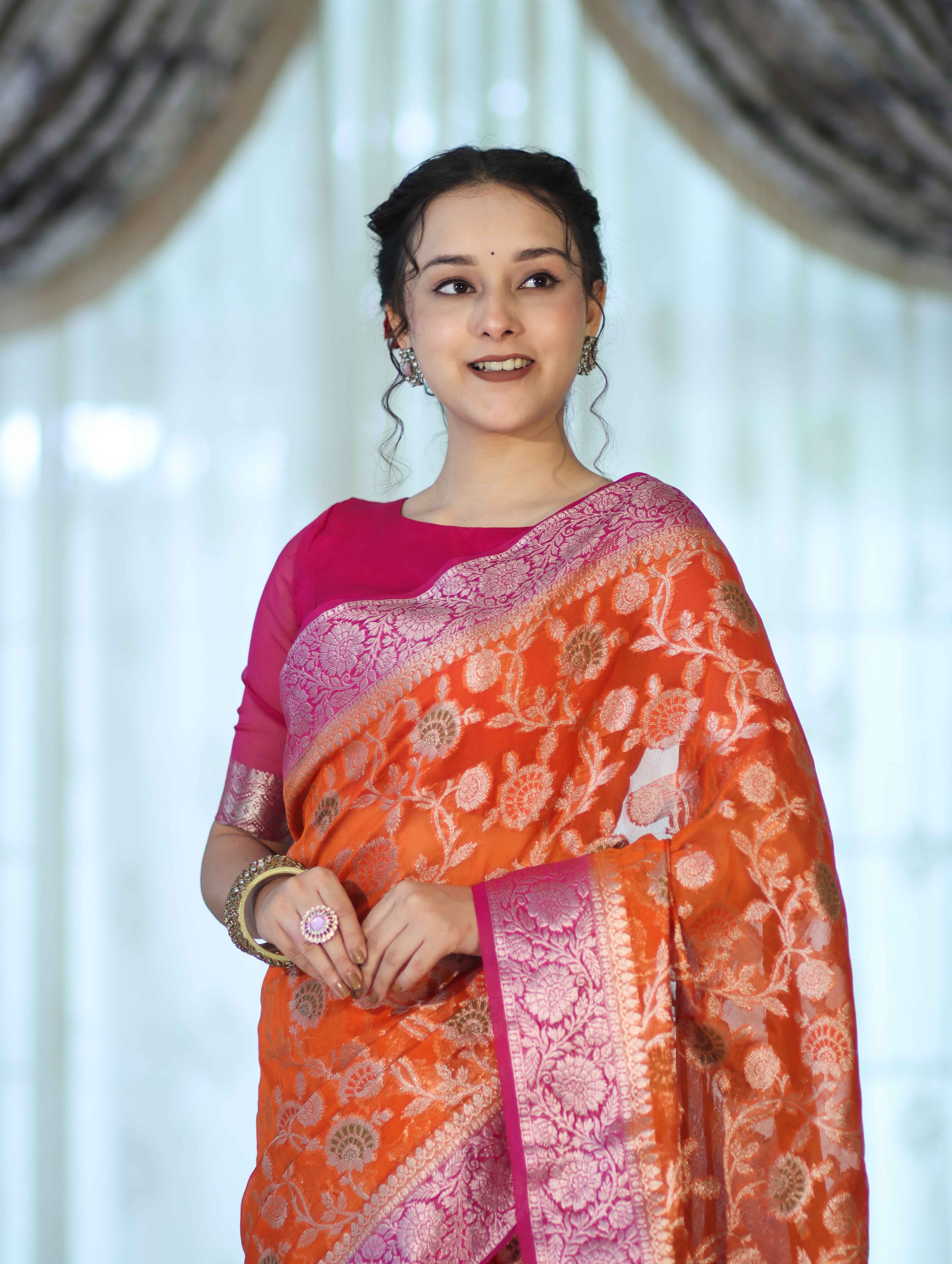 Banarasee Handwoven Georgette Saree With Meena Jaal Work & Contrast Border-Orange & Pink