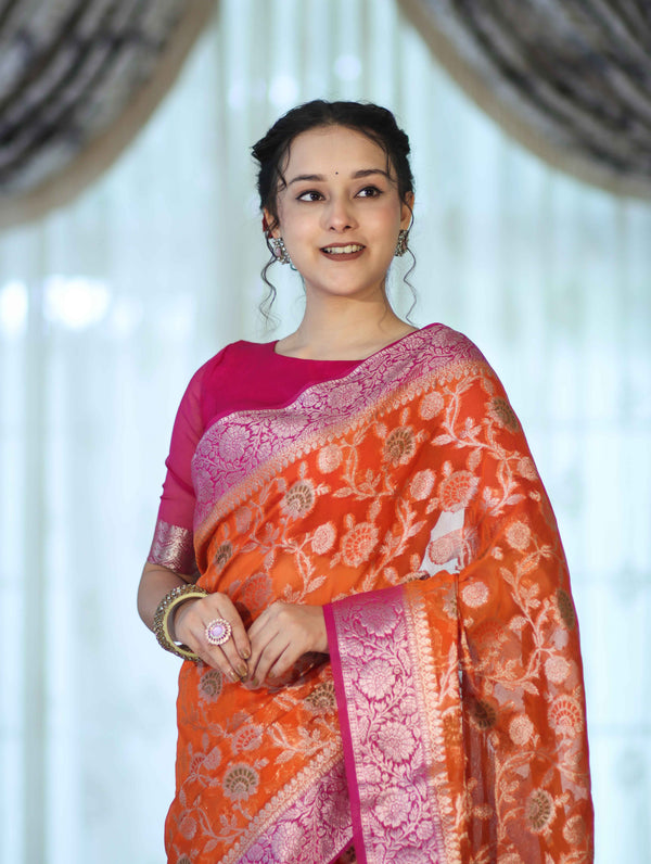 Banarasee Handwoven Georgette Saree With Meena Jaal Work & Contrast Border-Orange & Pink