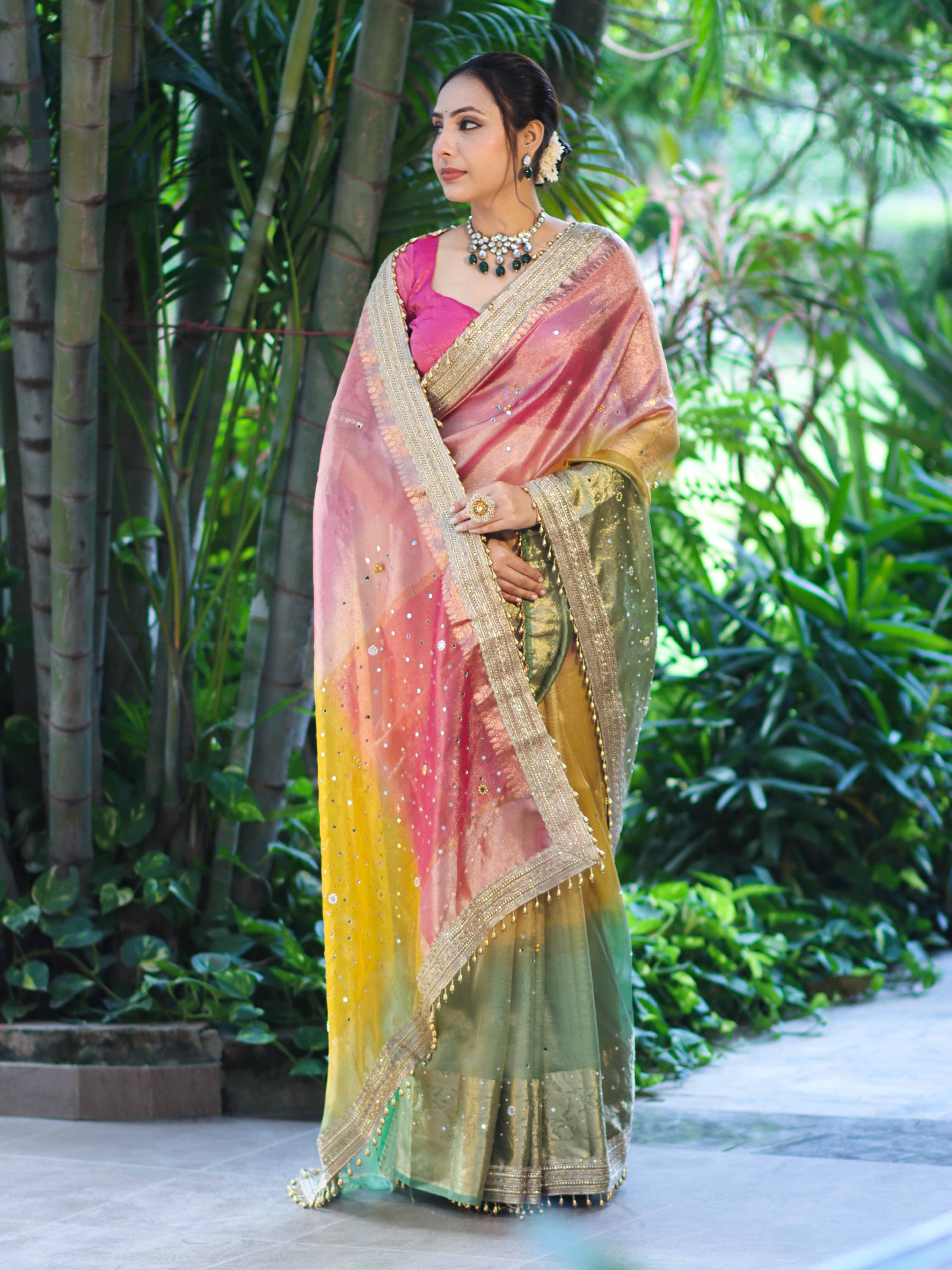 Banarasee Tissue Hand Embroidered Mirror Work Saree With Ghungroo Work & Embroidered Pallu-Multicolor