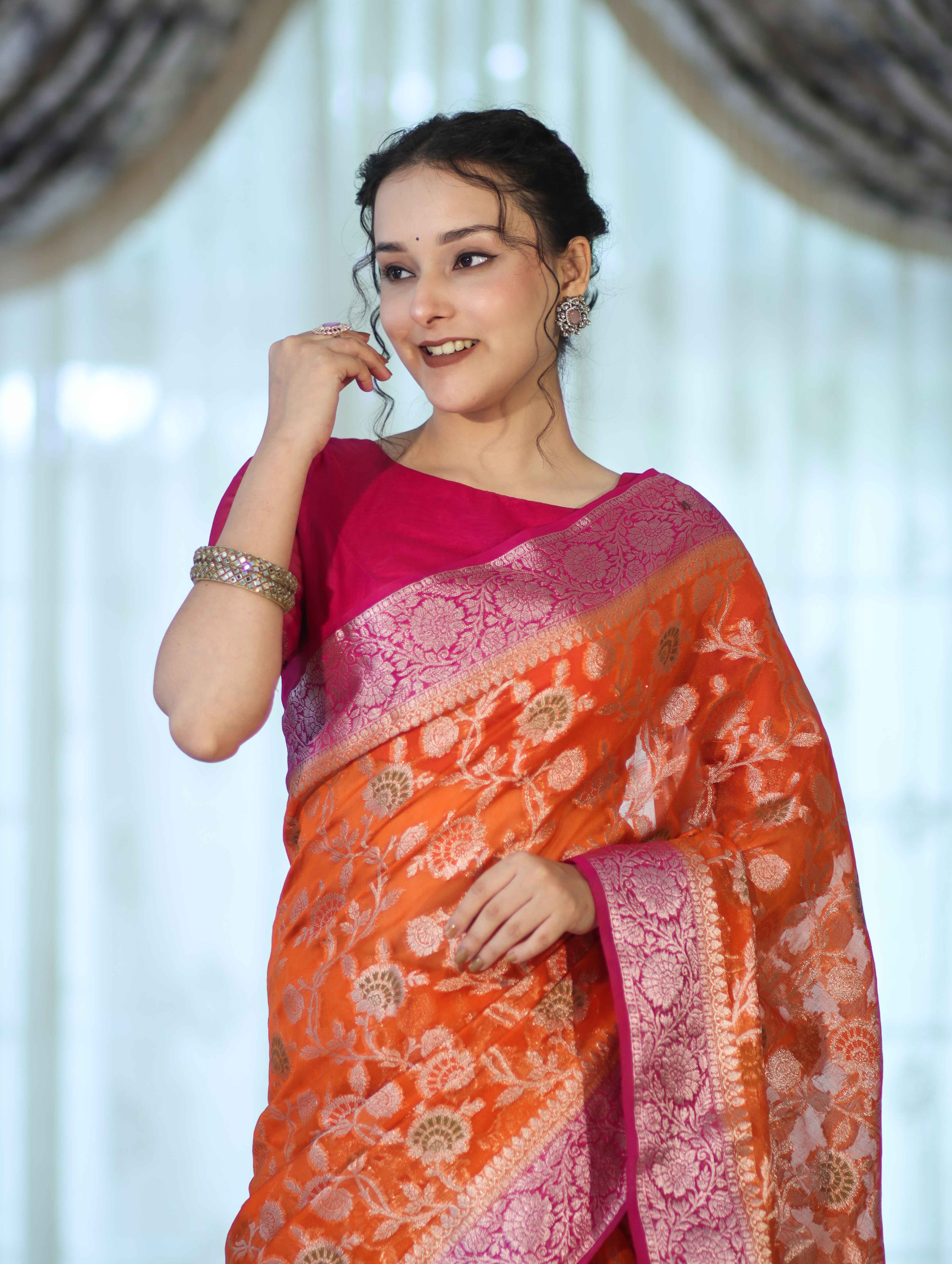 Banarasee Handwoven Georgette Saree With Meena Jaal Work & Contrast Border-Orange & Pink