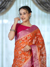 Banarasee Handwoven Georgette Saree With Meena Jaal Work & Contrast Border-Orange & Pink