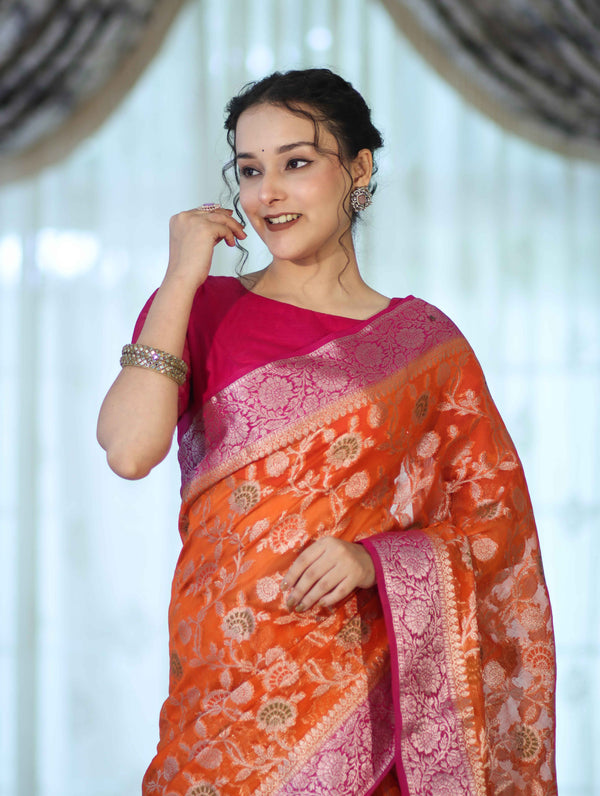 Banarasee Handwoven Georgette Saree With Meena Jaal Work & Contrast Border-Orange & Pink