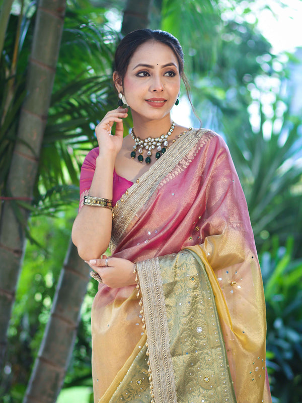 Banarasee Tissue Hand Embroidered Mirror Work Saree With Ghungroo Work & Embroidered Pallu-Multicolor