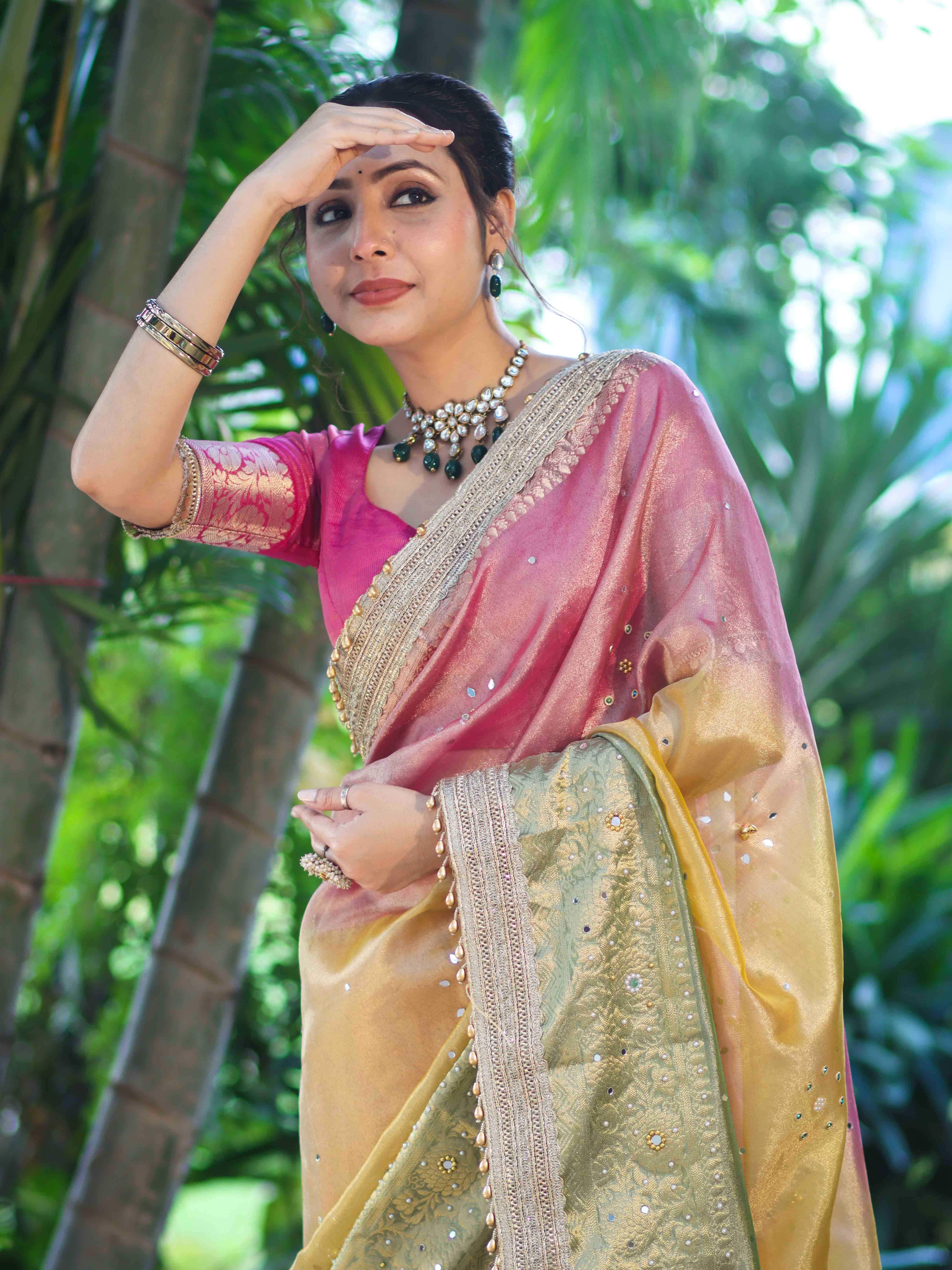 Banarasee Tissue Hand Embroidered Mirror Work Saree With Ghungroo Work & Embroidered Pallu-Multicolor