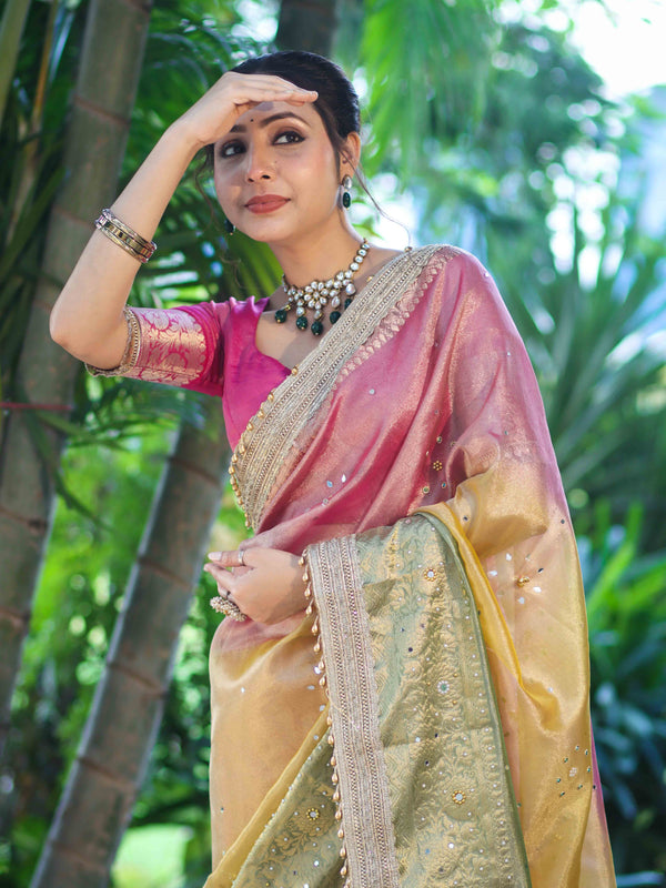 Banarasee Tissue Hand Embroidered Mirror Work Saree With Ghungroo Work & Embroidered Pallu-Multicolor