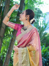 Banarasee Tissue Hand Embroidered Mirror Work Saree With Ghungroo Work & Embroidered Pallu-Multicolor