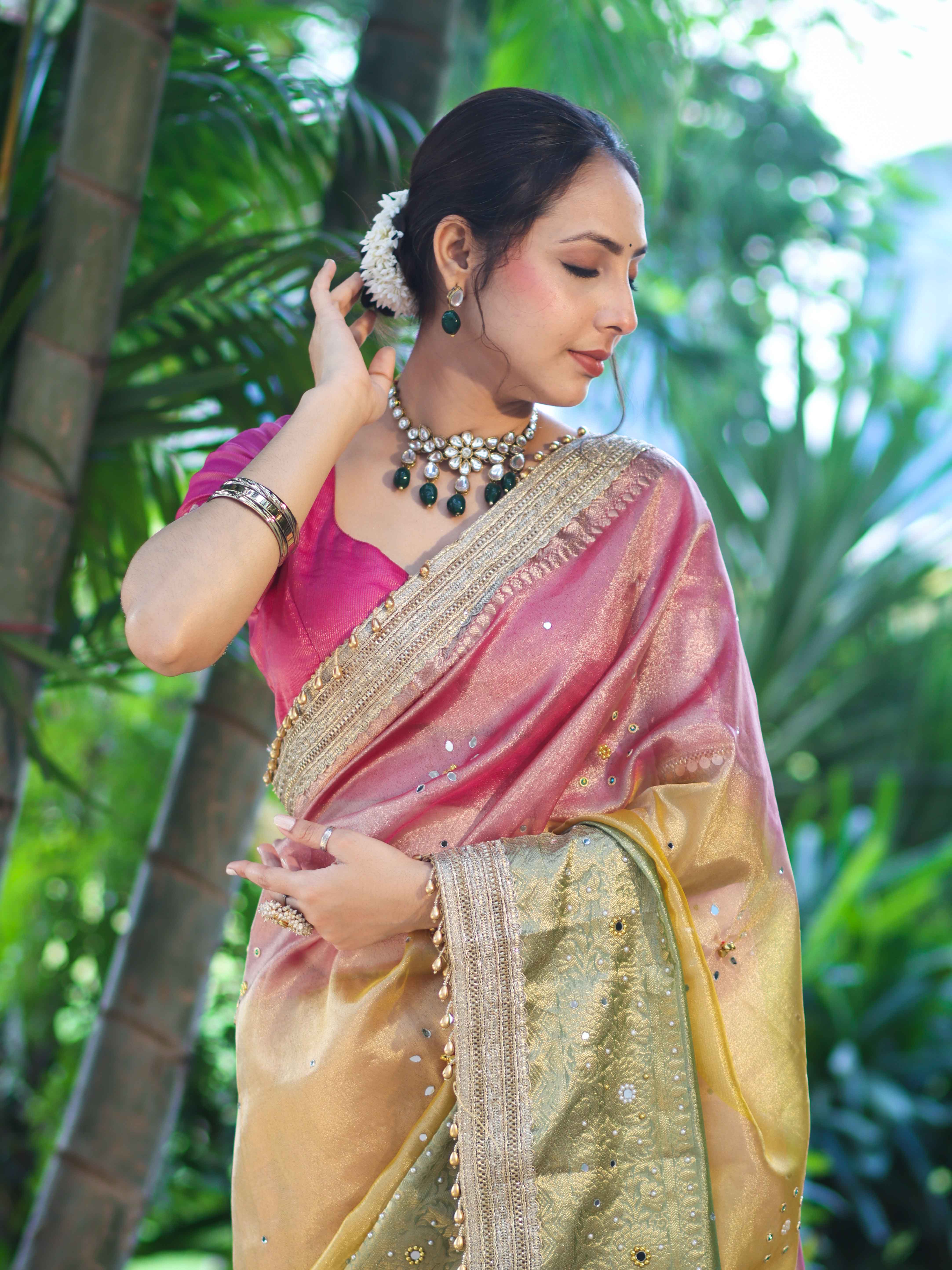 Banarasee Tissue Hand Embroidered Mirror Work Saree With Ghungroo Work & Embroidered Pallu-Multicolor