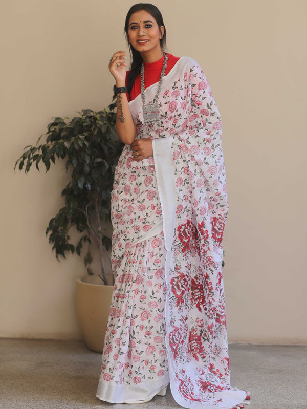 Bhagalpuri Handloom Linen Block Printed Saree-White