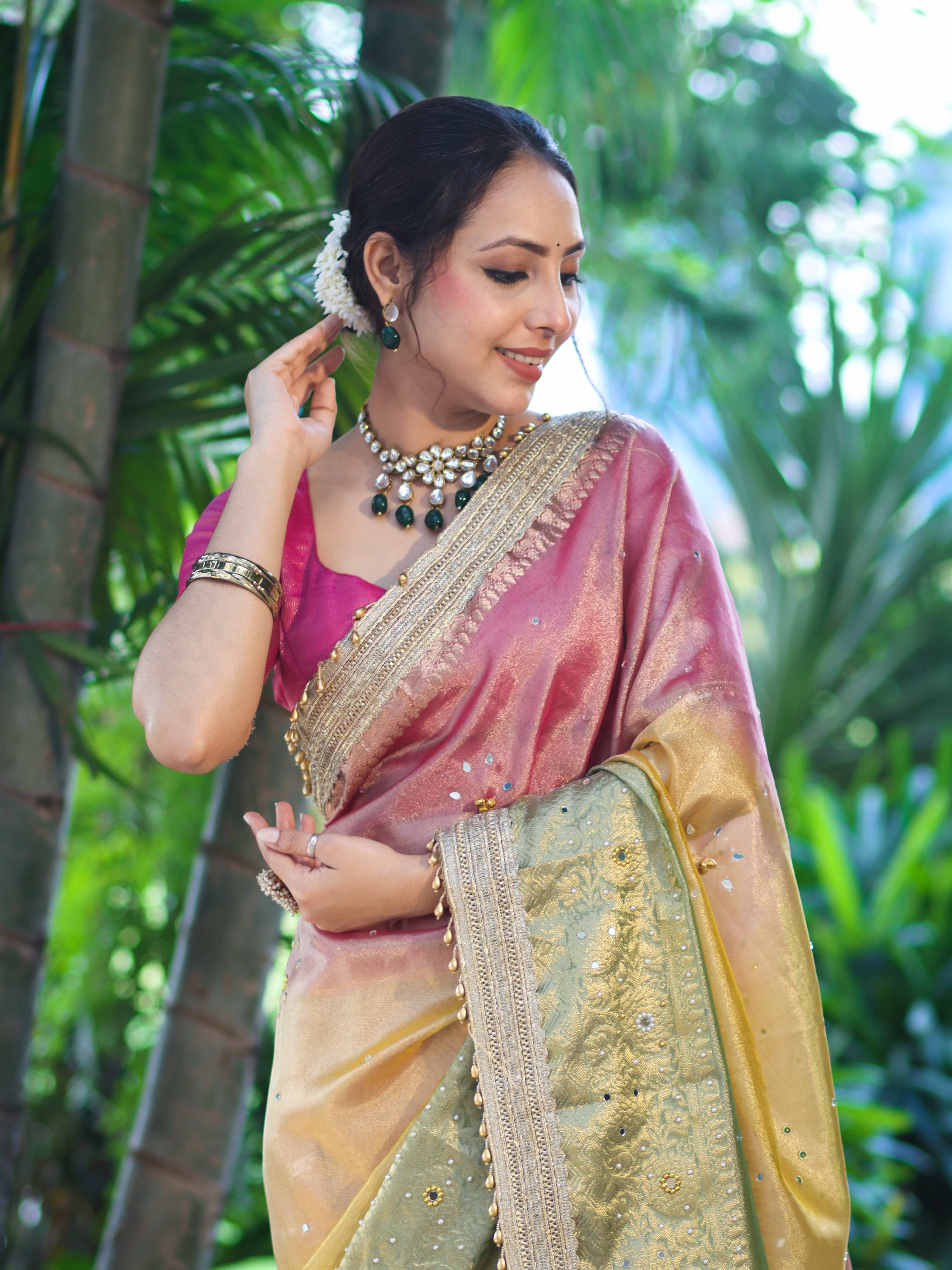 Banarasee Tissue Hand Embroidered Mirror Work Saree With Ghungroo Work & Embroidered Pallu-Multicolor