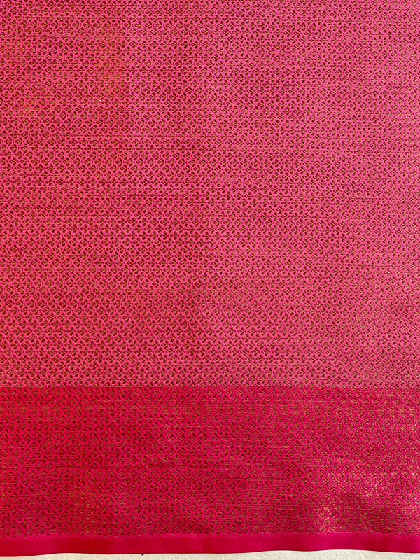 Banarasee Handwoven Tissue Saree With Zari Buti & Border-Silver & Pink