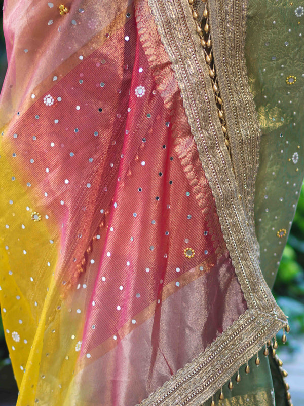 Banarasee Tissue Hand Embroidered Mirror Work Saree With Ghungroo Work & Embroidered Pallu-Multicolor
