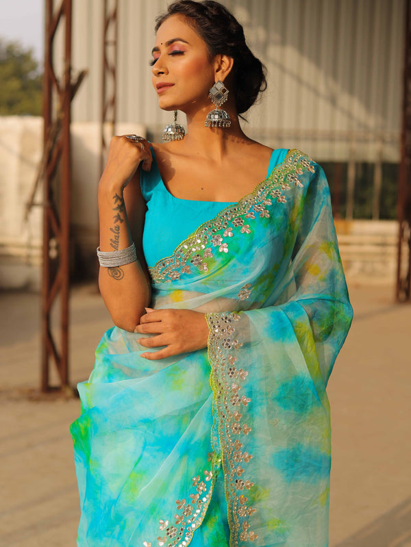 Banarasee Organza Silk Shibori Dyed Hand-Work Scallop Border Saree & Contrast Blouse-Blue
