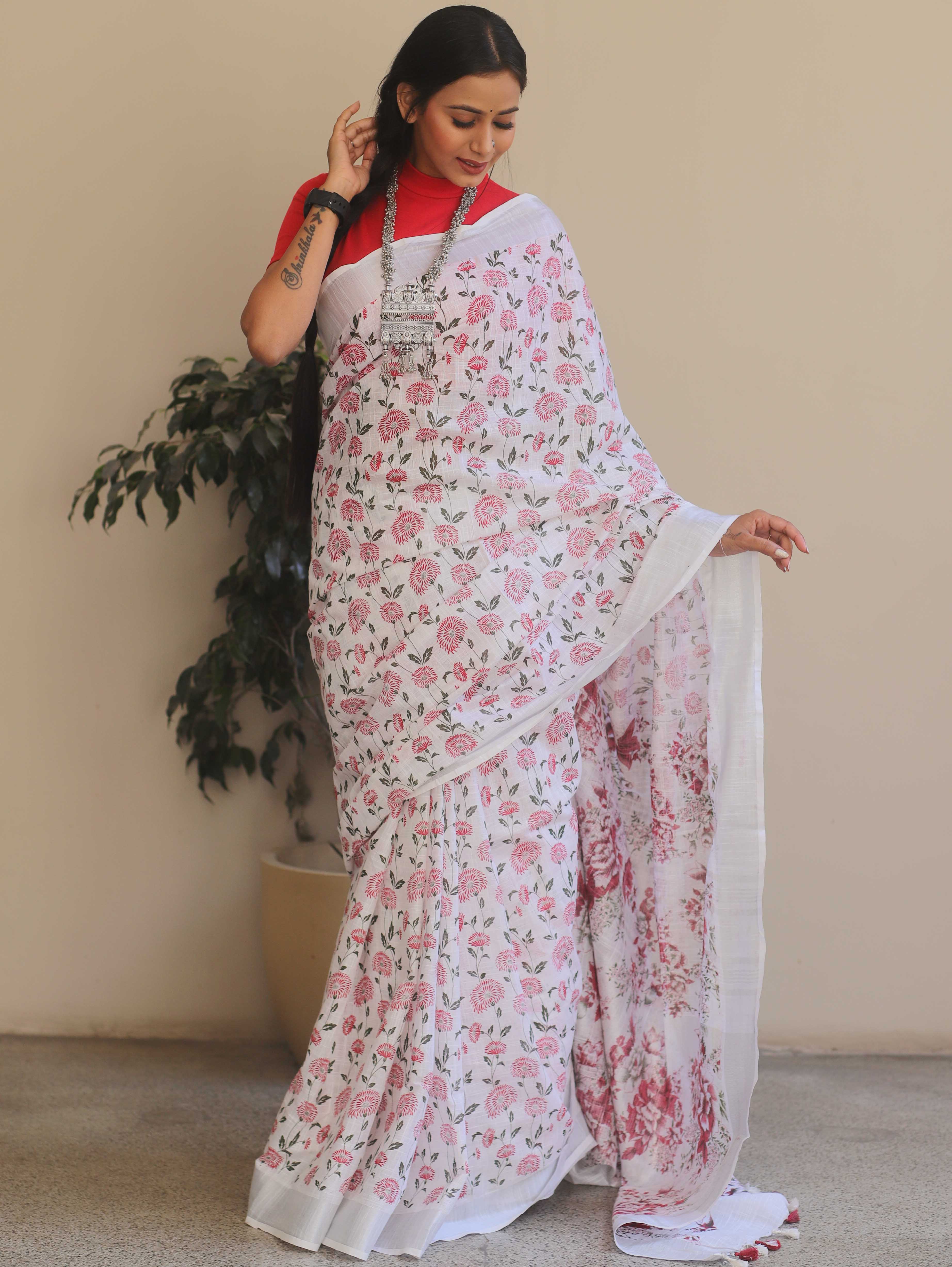Bhagalpuri Handloom Linen Block Printed Saree-White