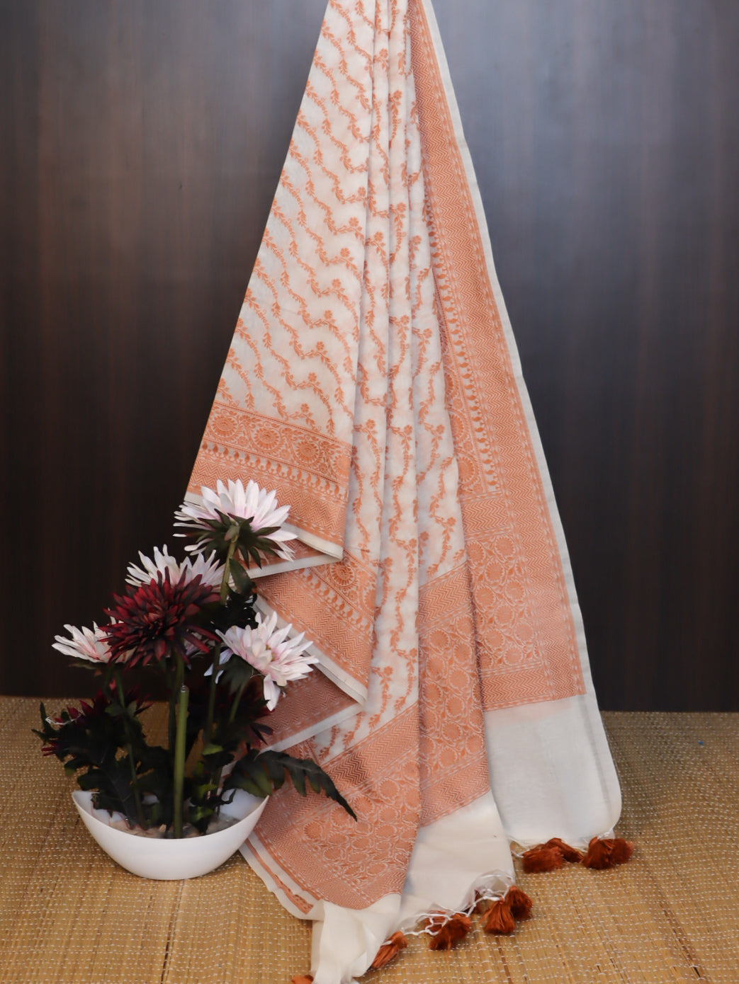 Banarasee Cotton Resham Zari Dupatta-White