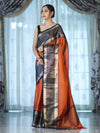 Banarasee Handloom Plain Semi Silk Saree With Contrast Temple Border-Rust Orange