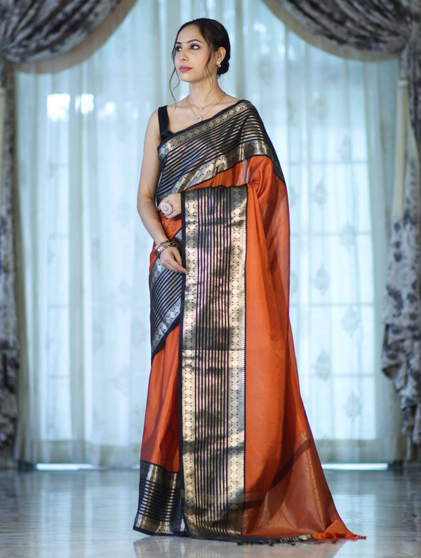 Banarasee Handloom Plain Semi Silk Saree With Contrast Temple Border-Rust Orange