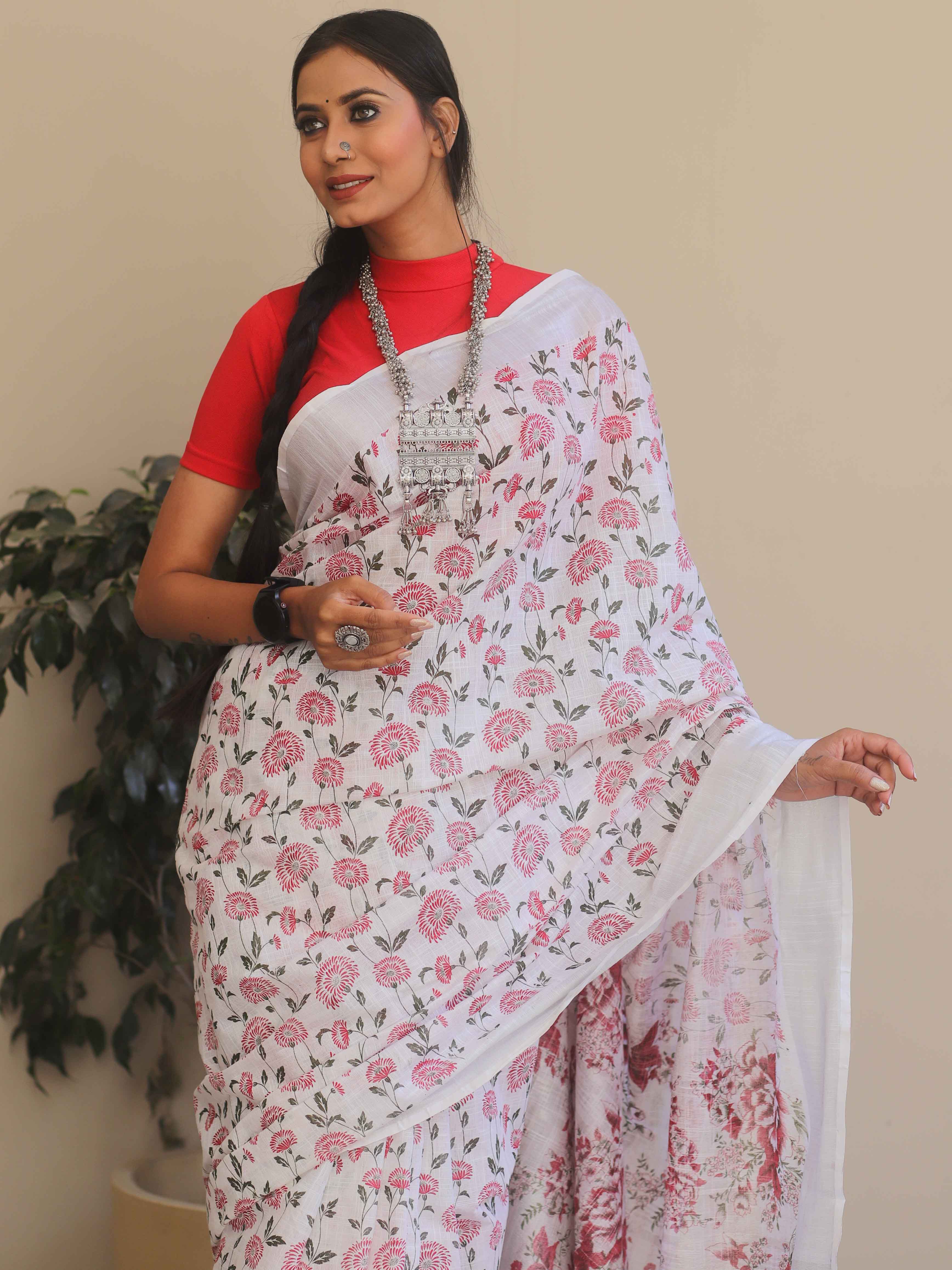 Bhagalpuri Handloom Linen Block Printed Saree-White