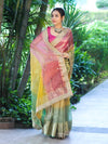 Banarasee Tissue Hand Embroidered Mirror Work Saree With Ghungroo Work & Embroidered Pallu-Multicolor