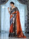 Banarasee Handloom Plain Semi Silk Saree With Contrast Temple Border-Rust Orange
