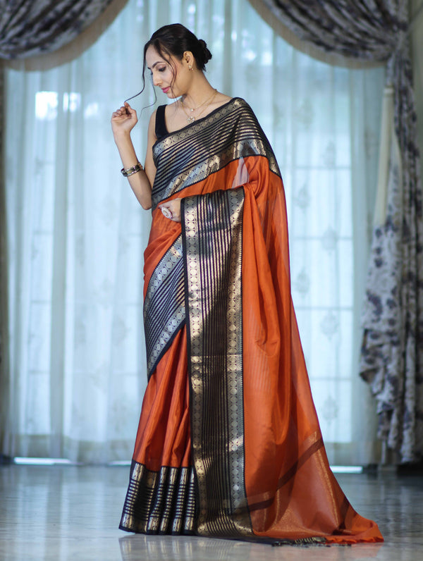 Banarasee Handloom Plain Semi Silk Saree With Contrast Temple Border-Rust Orange