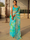 Banarasee Organza Silk Shibori Dyed Hand-Work Scallop Border Saree & Contrast Blouse-Blue