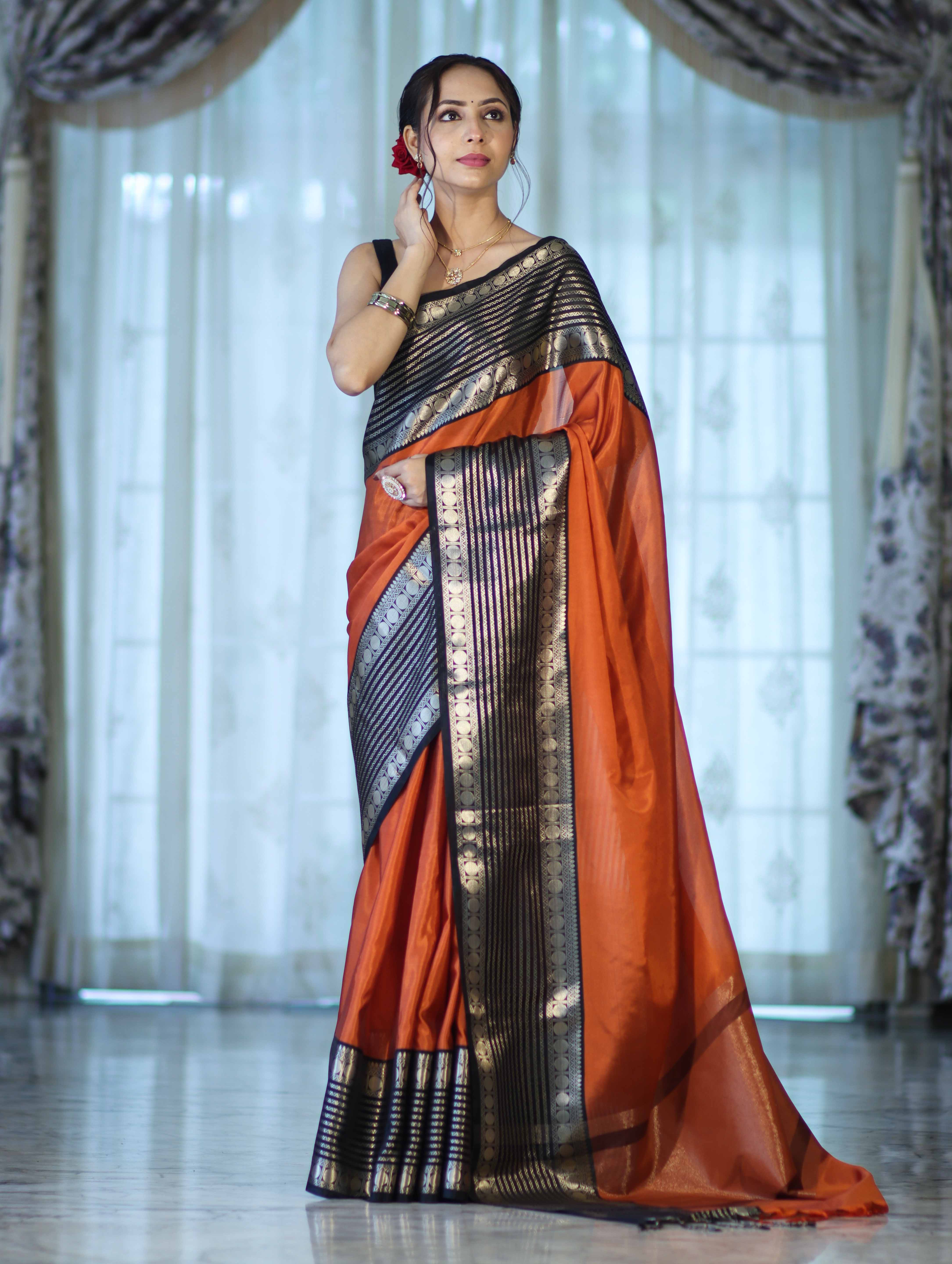 Banarasee Handloom Plain Semi Silk Saree With Contrast Temple Border-Rust Orange