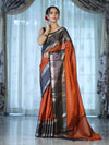 Banarasee Handloom Plain Semi Silk Saree With Contrast Temple Border-Rust Orange