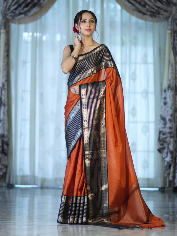 Banarasee Handloom Plain Semi Silk Saree With Contrast Temple Border-Rust Orange
