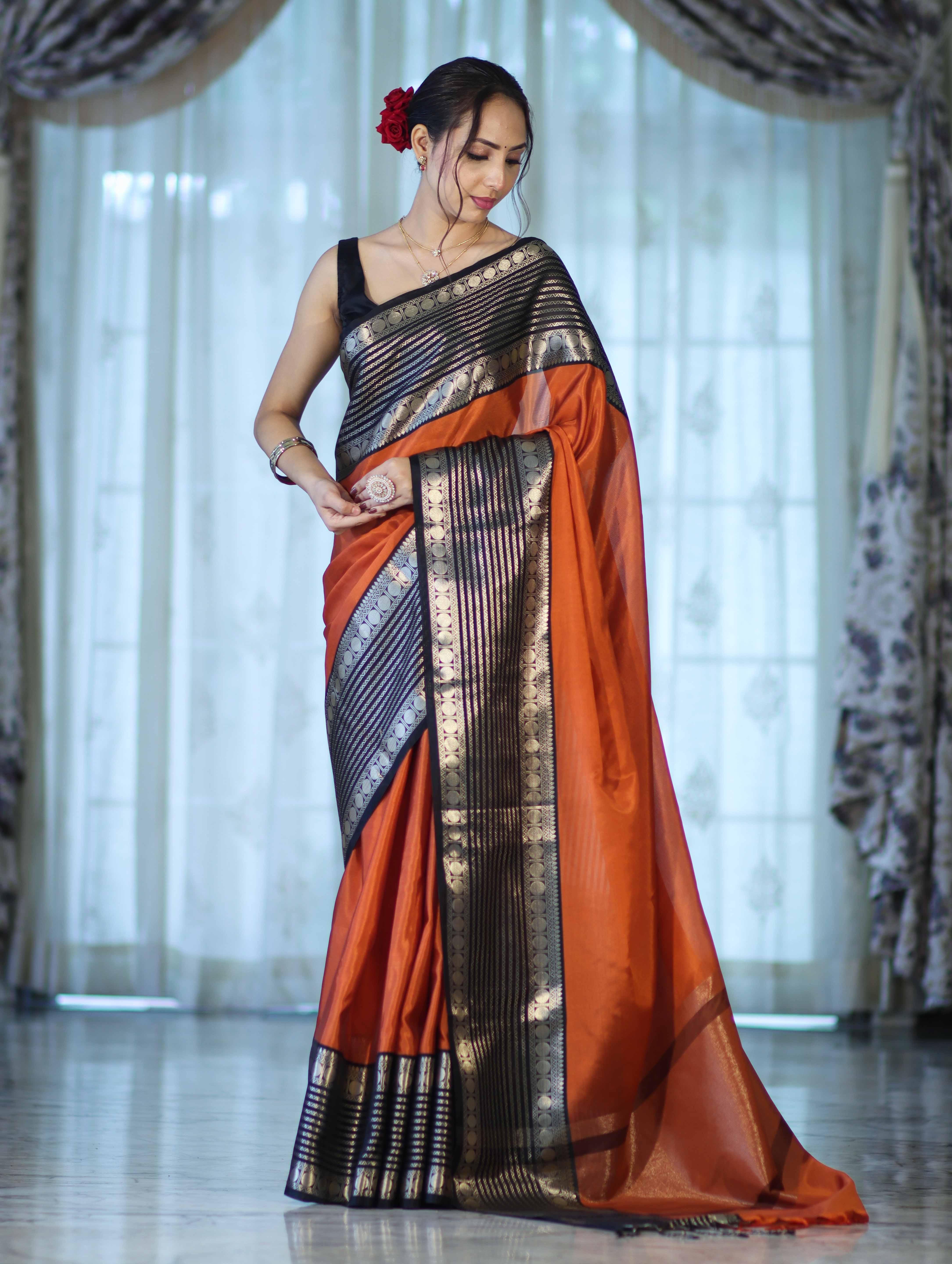 Banarasee Handloom Plain Semi Silk Saree With Contrast Temple Border-Rust Orange