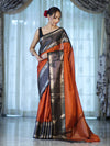 Banarasee Handloom Plain Semi Silk Saree With Contrast Temple Border-Rust Orange