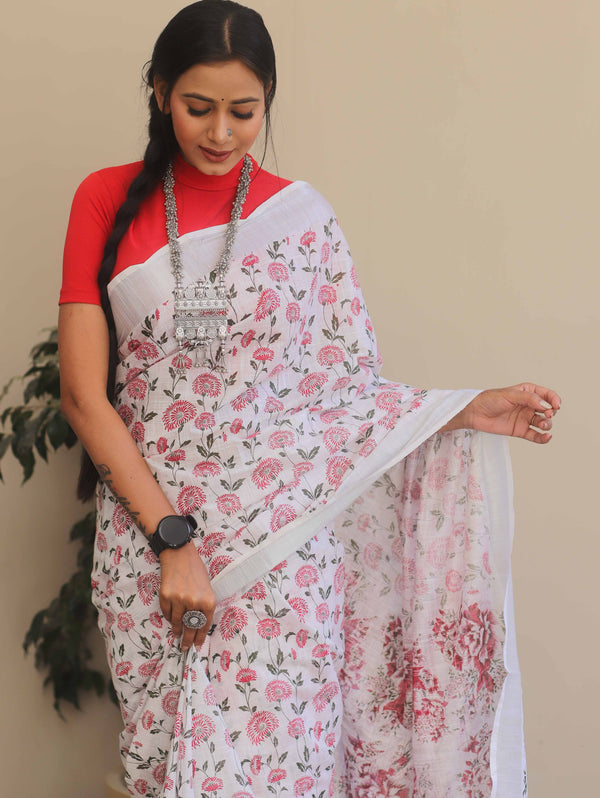 Bhagalpuri Handloom Linen Block Printed Saree-White