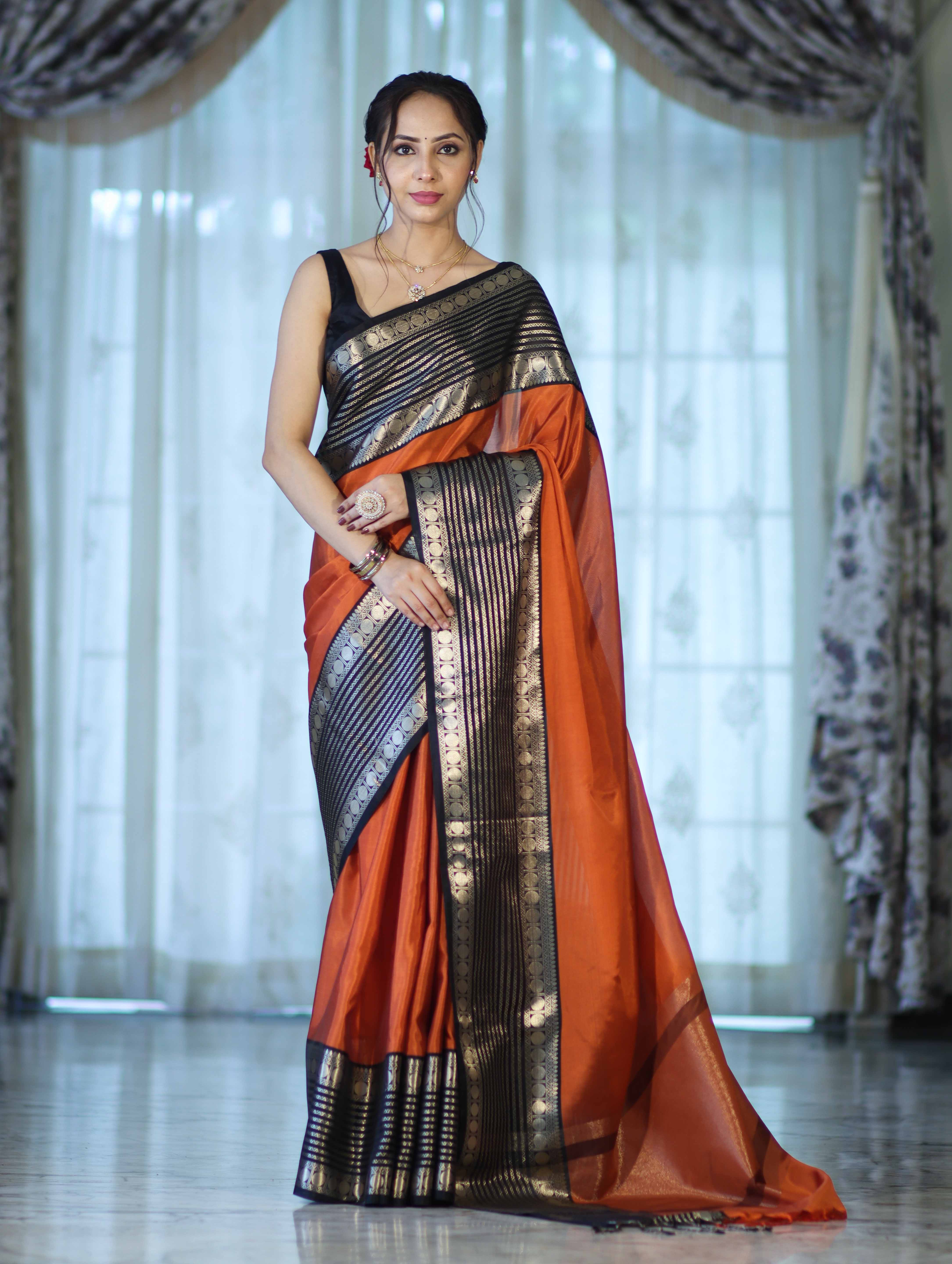 Banarasee Handloom Plain Semi Silk Saree With Contrast Temple Border-Rust Orange
