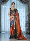 Banarasee Handloom Plain Semi Silk Saree With Contrast Temple Border-Rust Orange