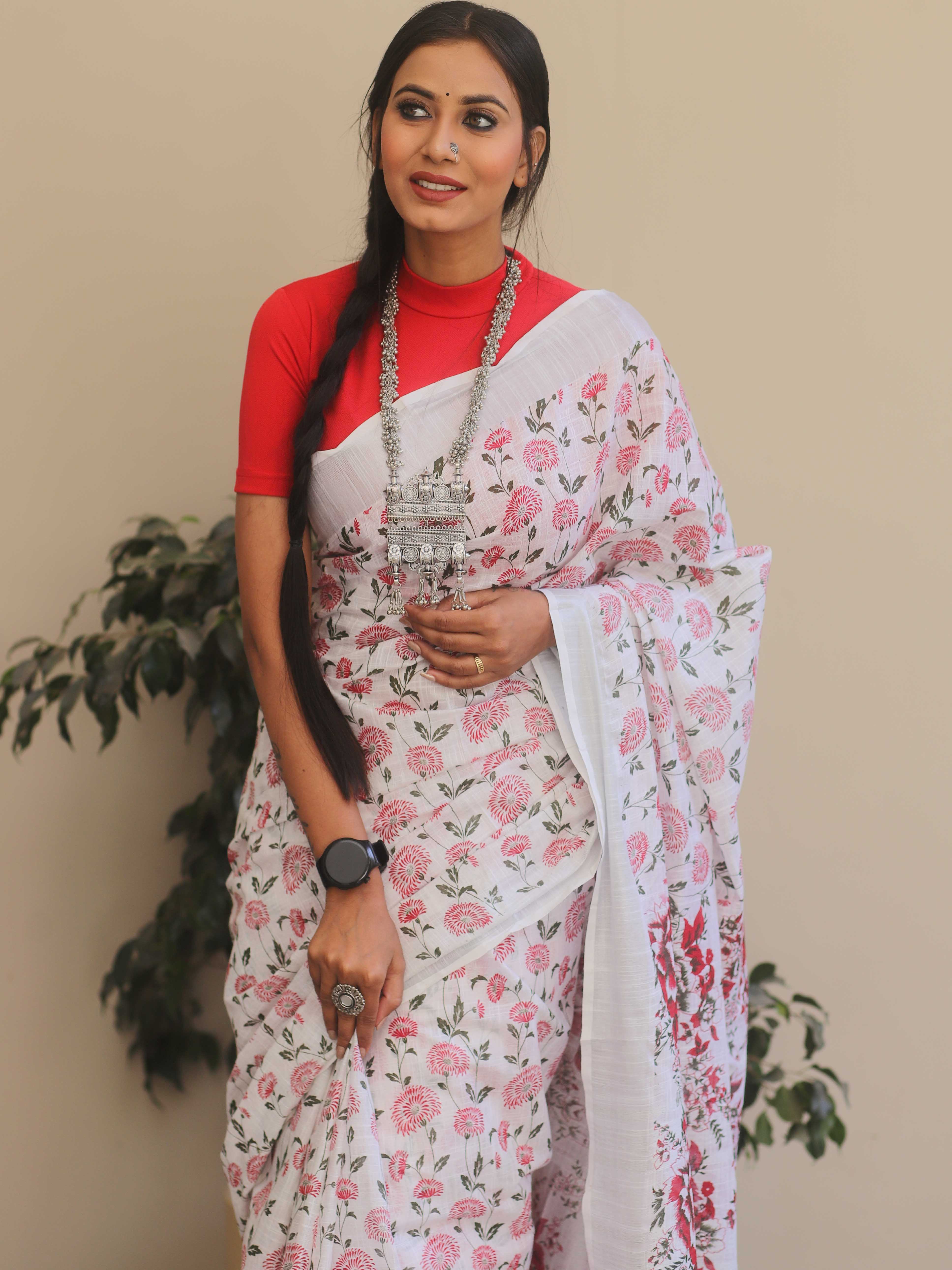 Bhagalpuri Handloom Linen Block Printed Saree-White