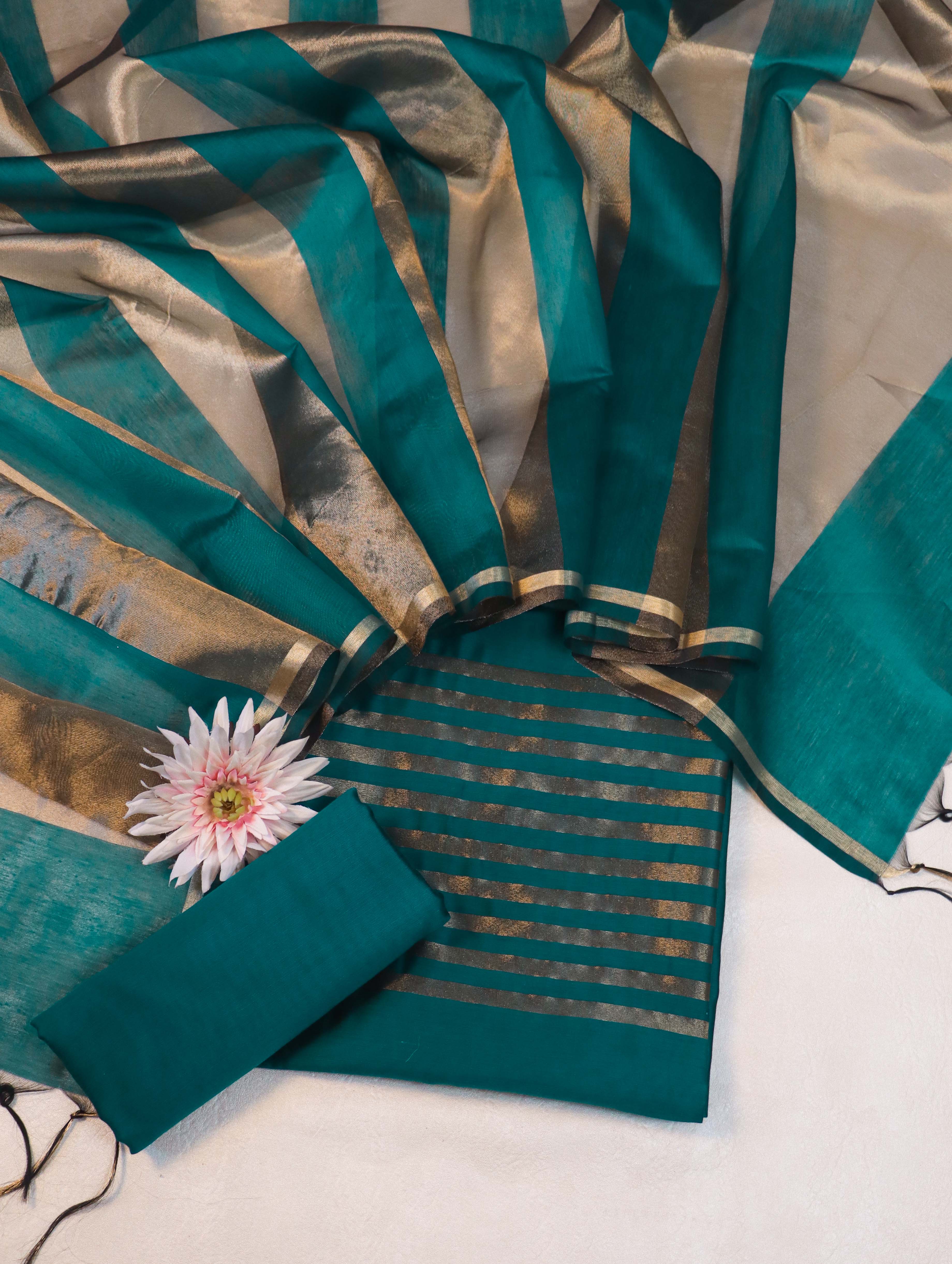 Banarasee Cotton Silk Stripe Pattern Salwar Kameez Fabric With Dupatta Set-Teal Green
