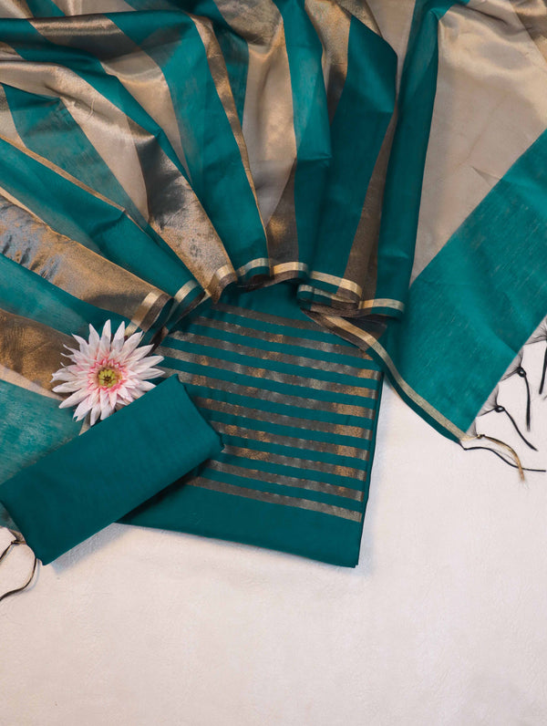 Banarasee Cotton Silk Stripe Pattern Salwar Kameez Fabric With Dupatta Set-Teal Green