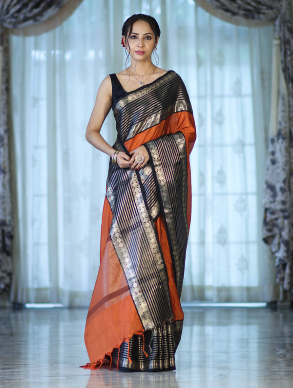 Banarasee Handloom Plain Semi Silk Saree With Contrast Temple Border-Rust Orange