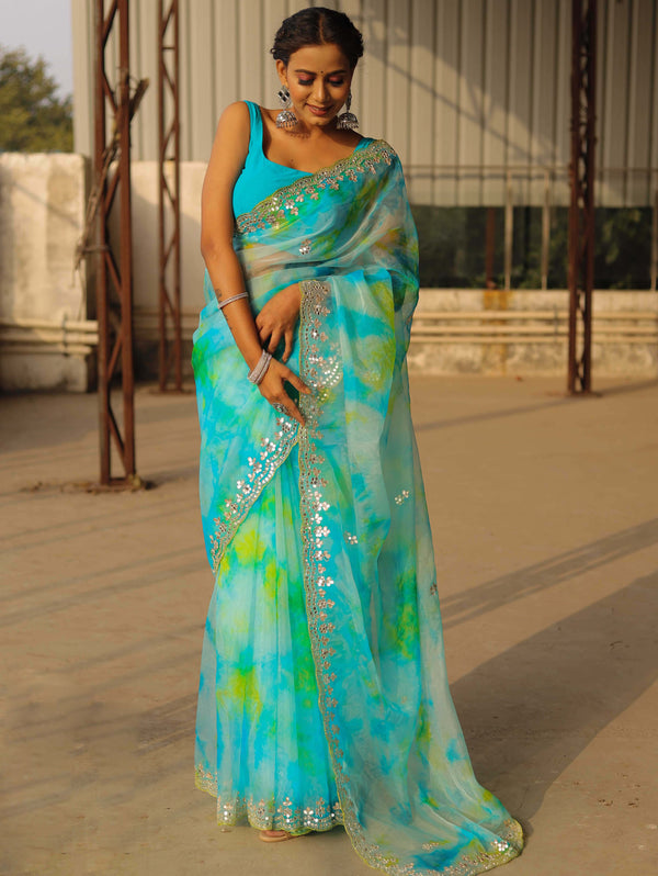 Banarasee Organza Silk Shibori Dyed Hand-Work Scallop Border Saree & Contrast Blouse-Blue