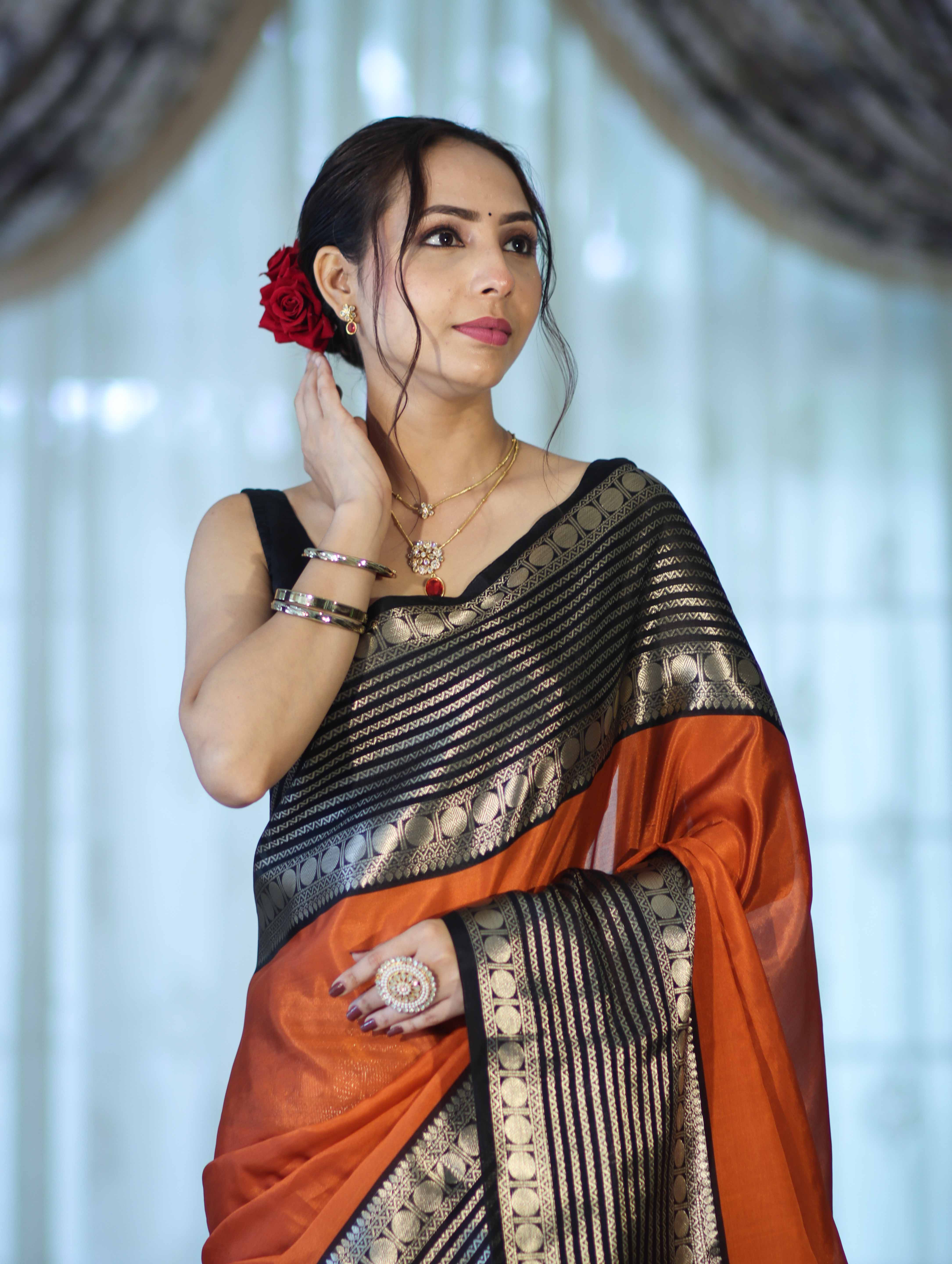 Banarasee Handloom Plain Semi Silk Saree With Contrast Temple Border-Rust Orange