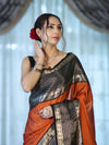 Banarasee Handloom Plain Semi Silk Saree With Contrast Temple Border-Rust Orange