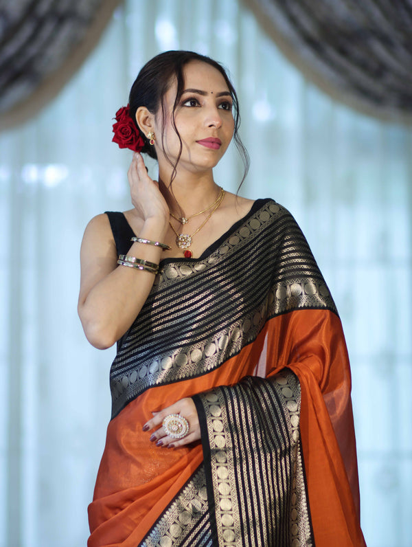 Banarasee Handloom Plain Semi Silk Saree With Contrast Temple Border-Rust Orange